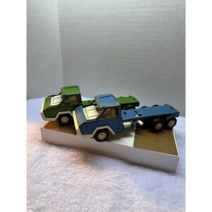 2 Vintage 1970 Tootsie Toy Green & Blue Flat Bed Tow‎ Truck White Interior USA
